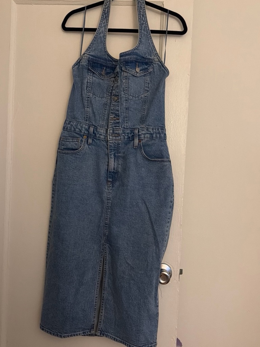 Backless Blue Denim Halter Midi Dress